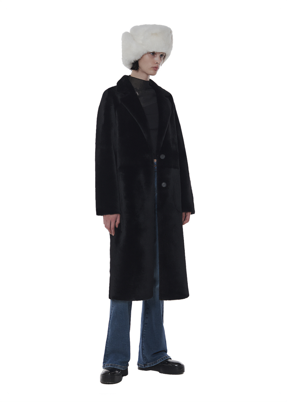 Merino Tailored Collar Long Sheraling Coat Black